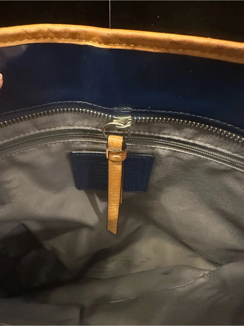 Coach #266 Peyton Embossed Navy Patent Tote with Tan Leather Trim